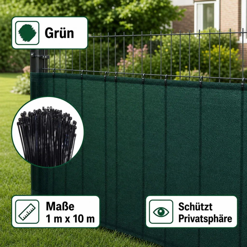 Sichtschutznetz, Windschutznetz, 1 m x 10 m, grün, inkl. Kabelbinder Set