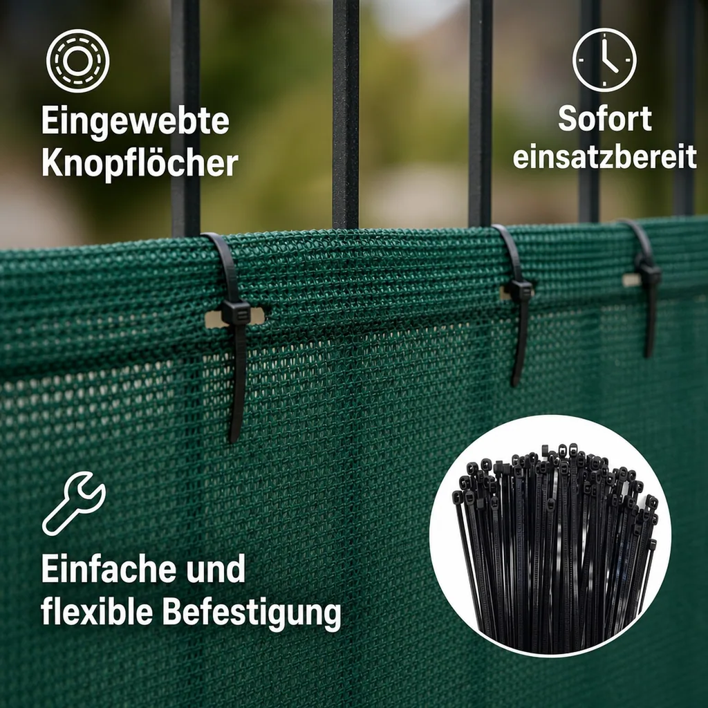 Sichtschutznetz, Windschutznetz, 1 m x 10 m, grün, inkl. Kabelbinder Set