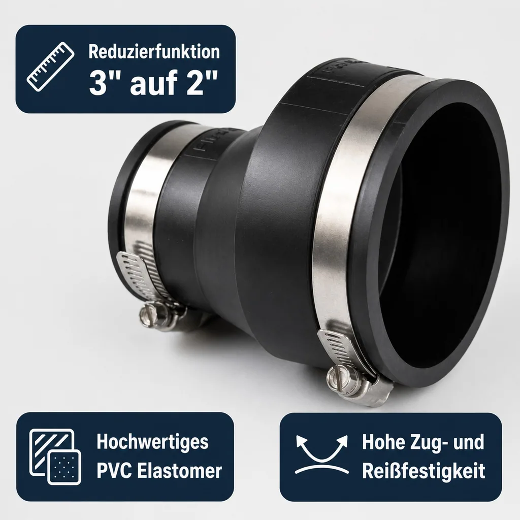 Flexible Rohrkupplung, Reduzierkupplung 3" x 2" / 90 x 63 mm, Flexible Fittings
