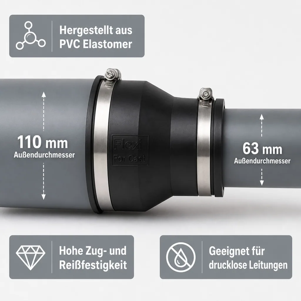 Flexible Kupplung, Reduzierkupplung 110 x 63 mm, Flexible Rohrverbinder