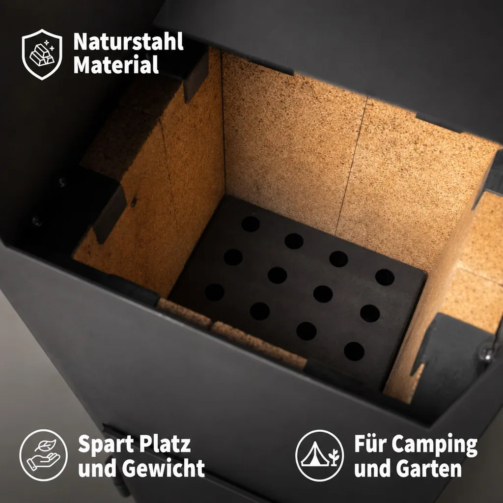 Campingofen, Zeltofen, Ofen für Camping, Schamotteauskleidung, Naturstahl