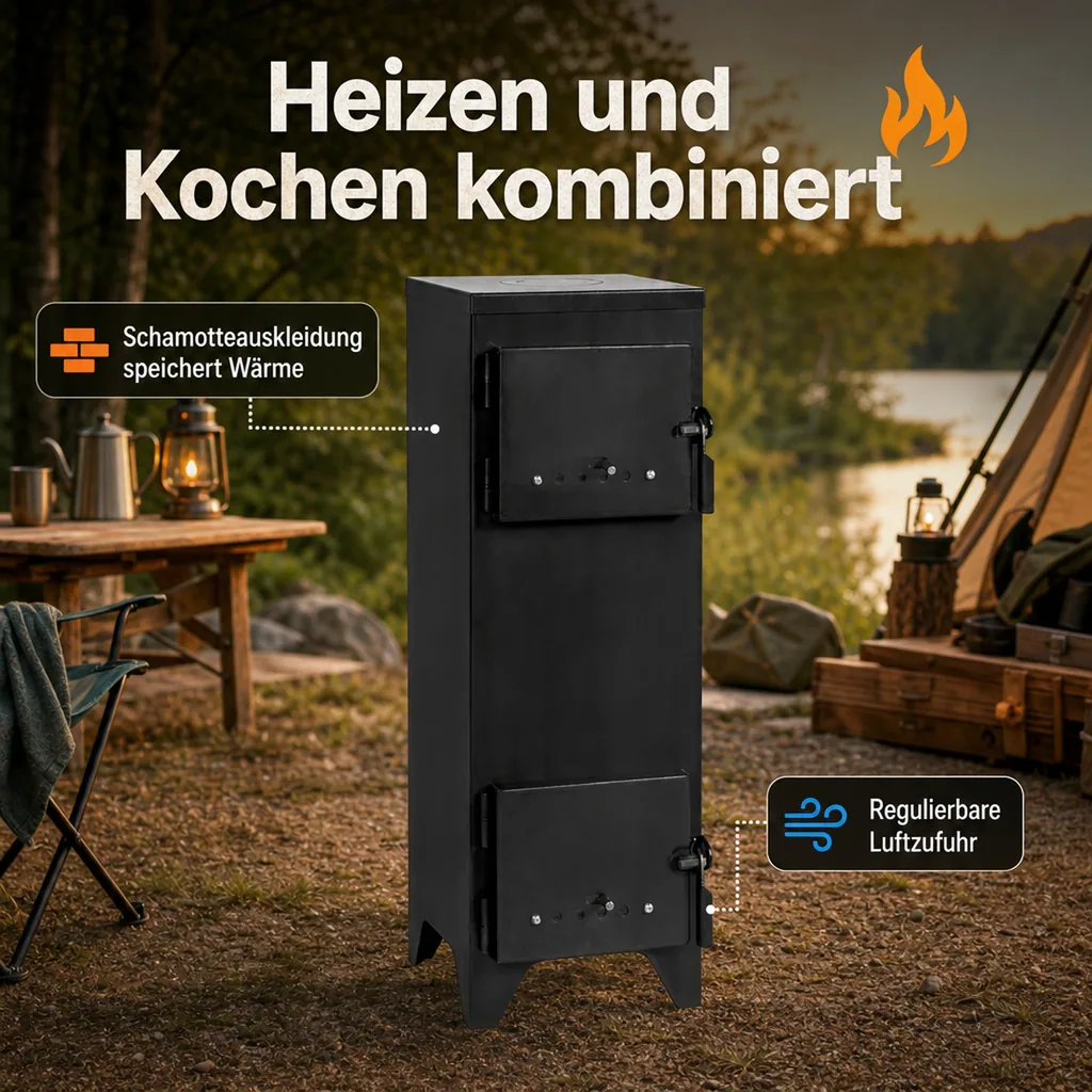 Campingofen, Zeltofen, Ofen für Camping, Schamotteauskleidung, Naturstahl