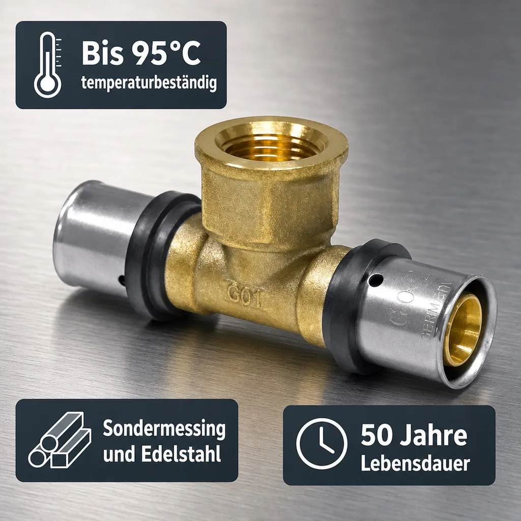 Pressfitting 32mm, T-Stück Pressfitting, mit Innengewinde, DVGW
