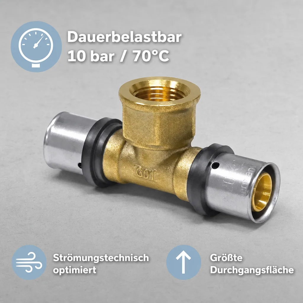 Pressfitting 32mm, T-Stück Pressfitting, mit Innengewinde, DVGW