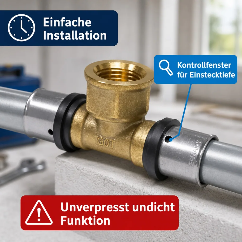 Pressfitting 32mm, T-Stück Pressfitting, mit Innengewinde, DVGW