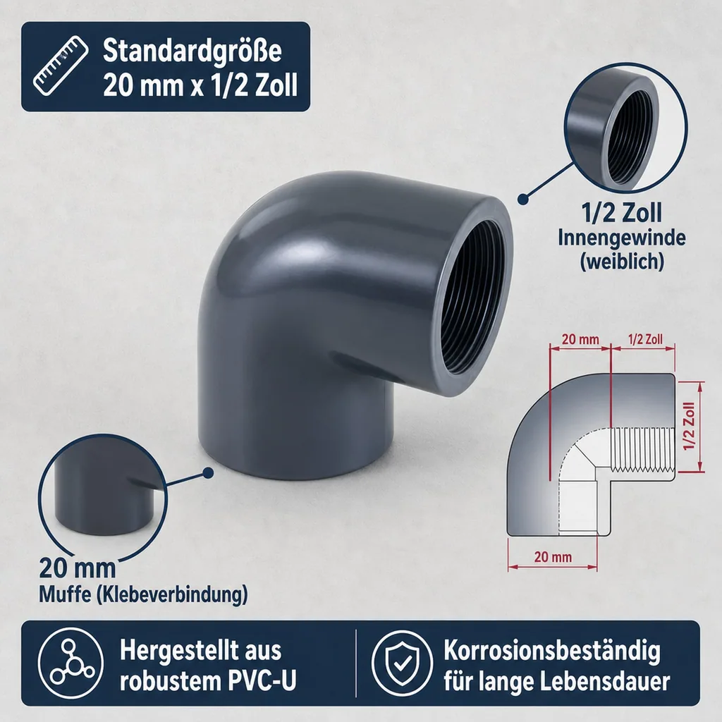 PVC Winkel 90 Grad, PVC Fitting 20mm, PVC-U Muffe 1/2 Zoll