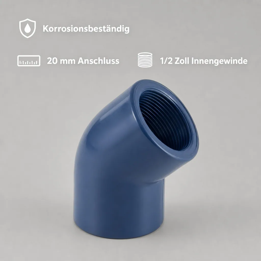 PVC Winkel 45 Grad, PVC Fitting, Muffe x IG 20 mm, 1/2" PN10