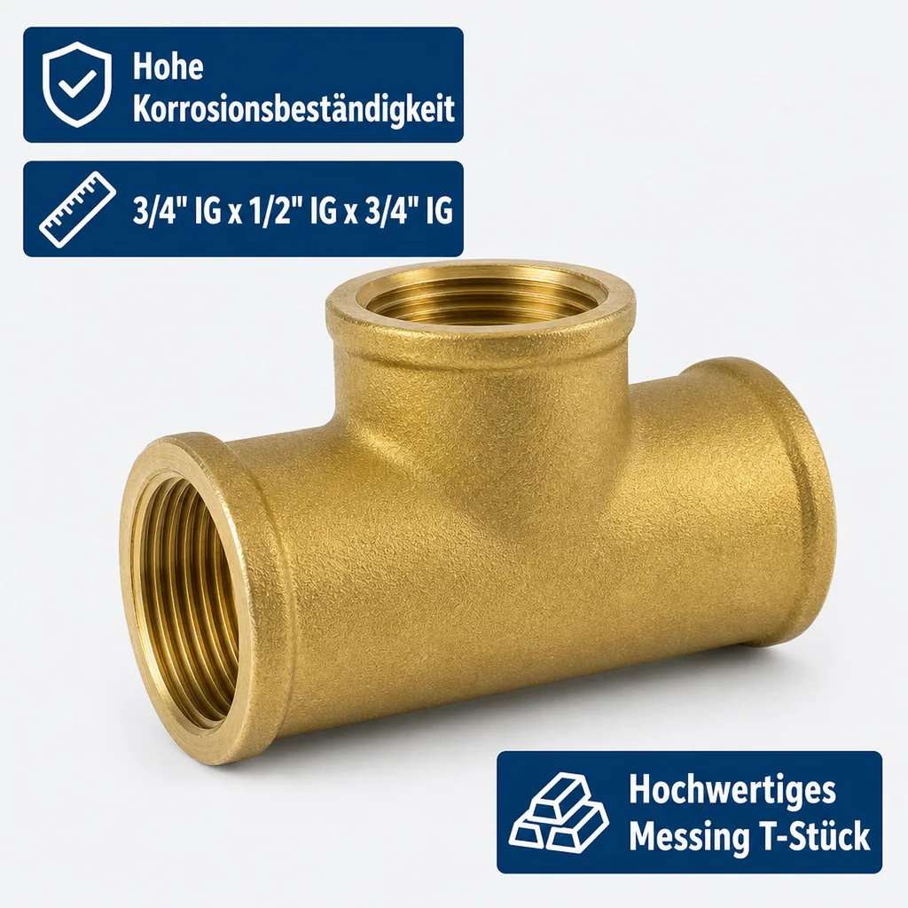 Messing T-Stück, Gewindefitting, reduziert, 3/4" IG x 1/2" IG x 3/4" IG