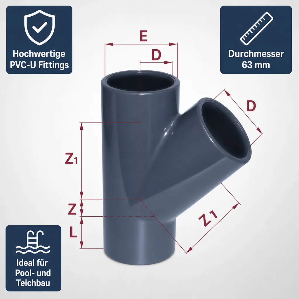 PVC Fittinge, 45° T-Stück Muffe 63 mm, PN10