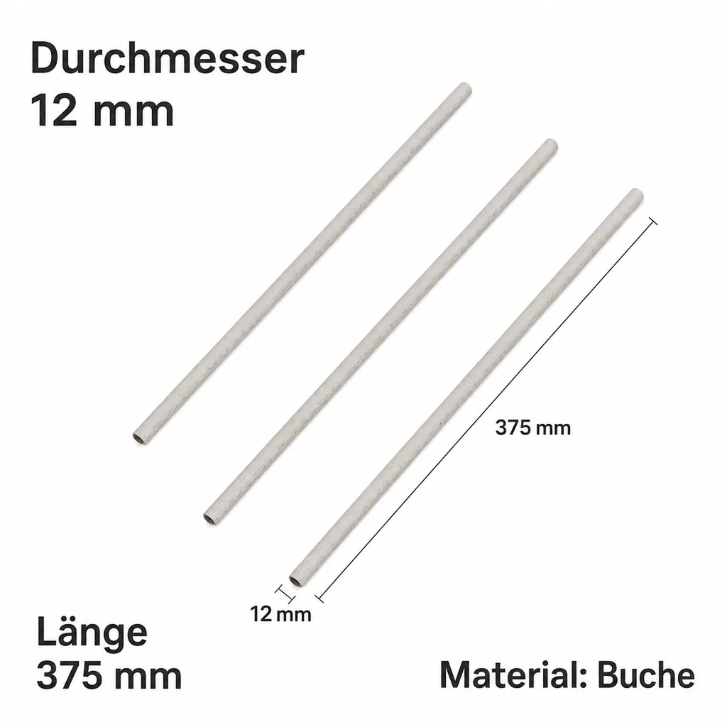 3er Set Rundstäbe Ø 12mm, Buche roh unbehandelt
