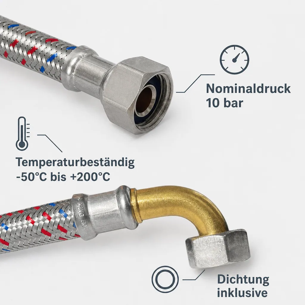 Panzerschlauch 1/2 Zoll, Edelstahl, Flexibel, DN13, DVGW