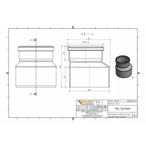 KGR Reduktion DN/OD 250/200, Abwasserrohr Reduzierstück, PVC Kanalrohr