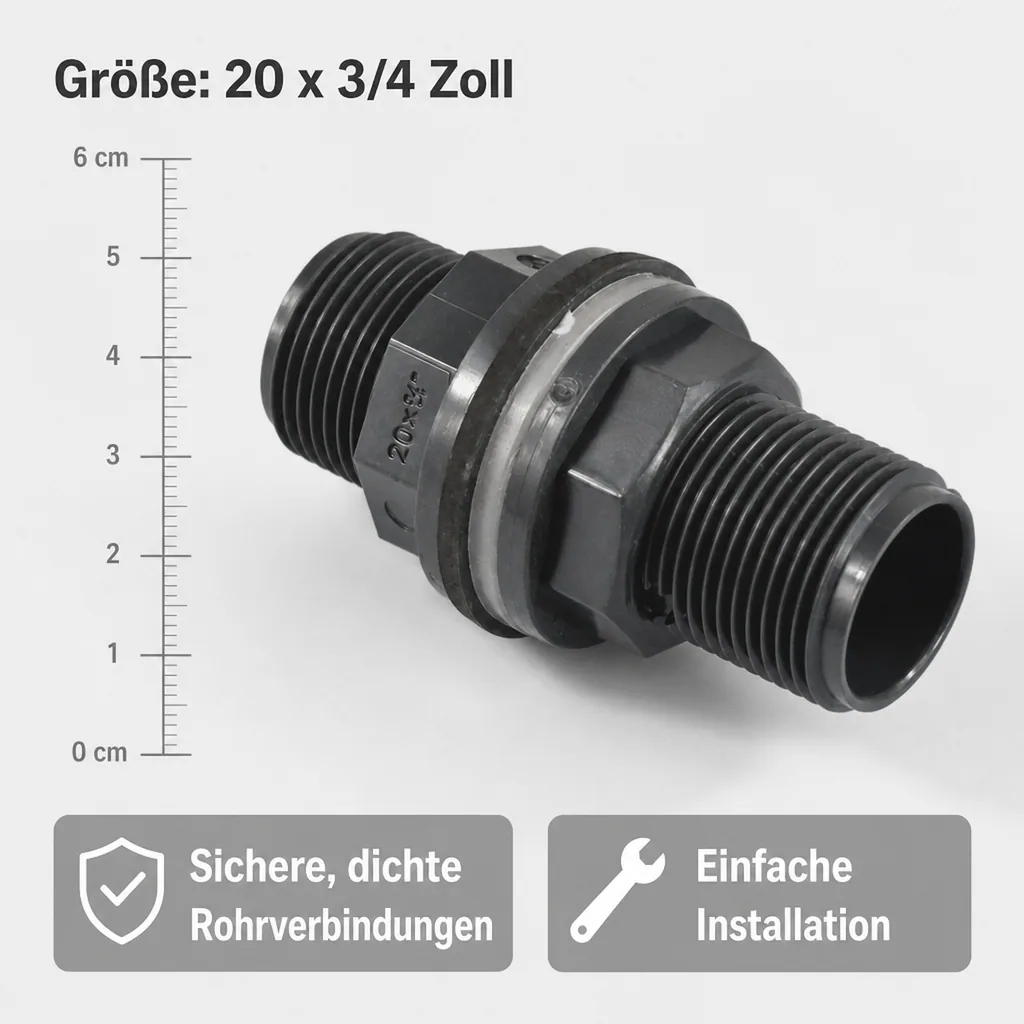 PVC Durchführung, Klebemuffe x AG x AG 20, 3/4 Zoll, PN10