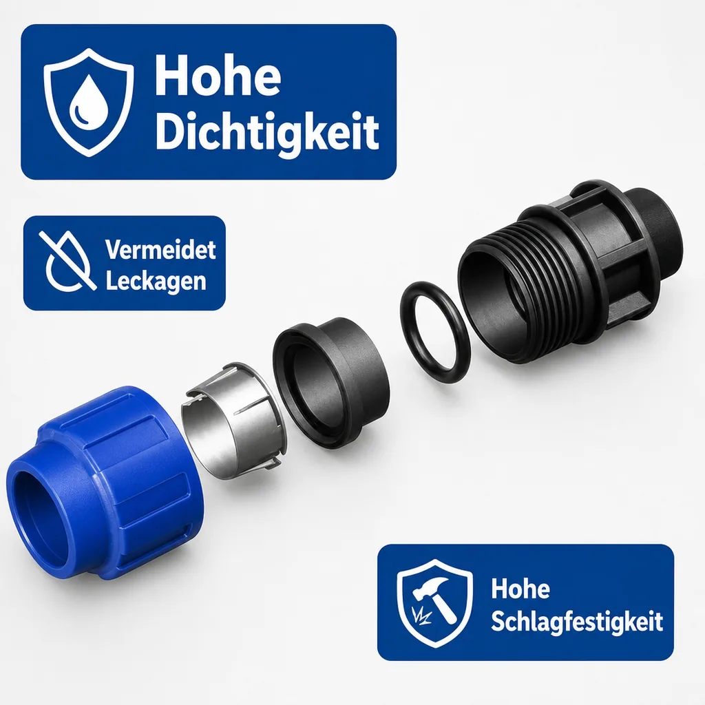 PE Rohr Verschraubung, Kupplung 40 x 1 IG, PP Klemmverbinder, Trinkwasser geeignet