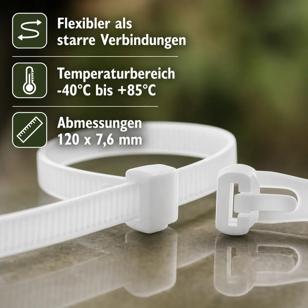 100 Kabelbinder wiederlösbar 120 x 7,6mm natur
