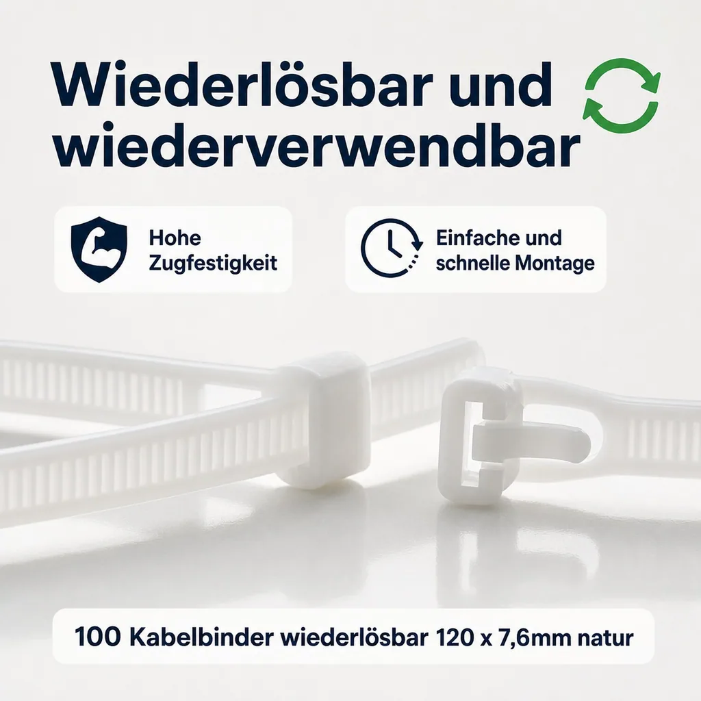 100 Kabelbinder wiederlösbar 120 x 7,6mm natur