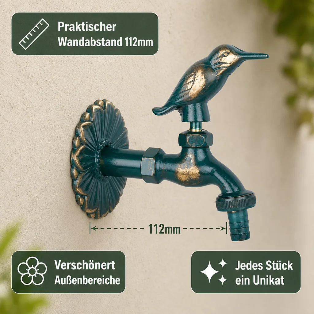 Auslaufventil Garten, Gartenauslaufventil, Nostalgie Auslaufventil, Vogel, patiniert