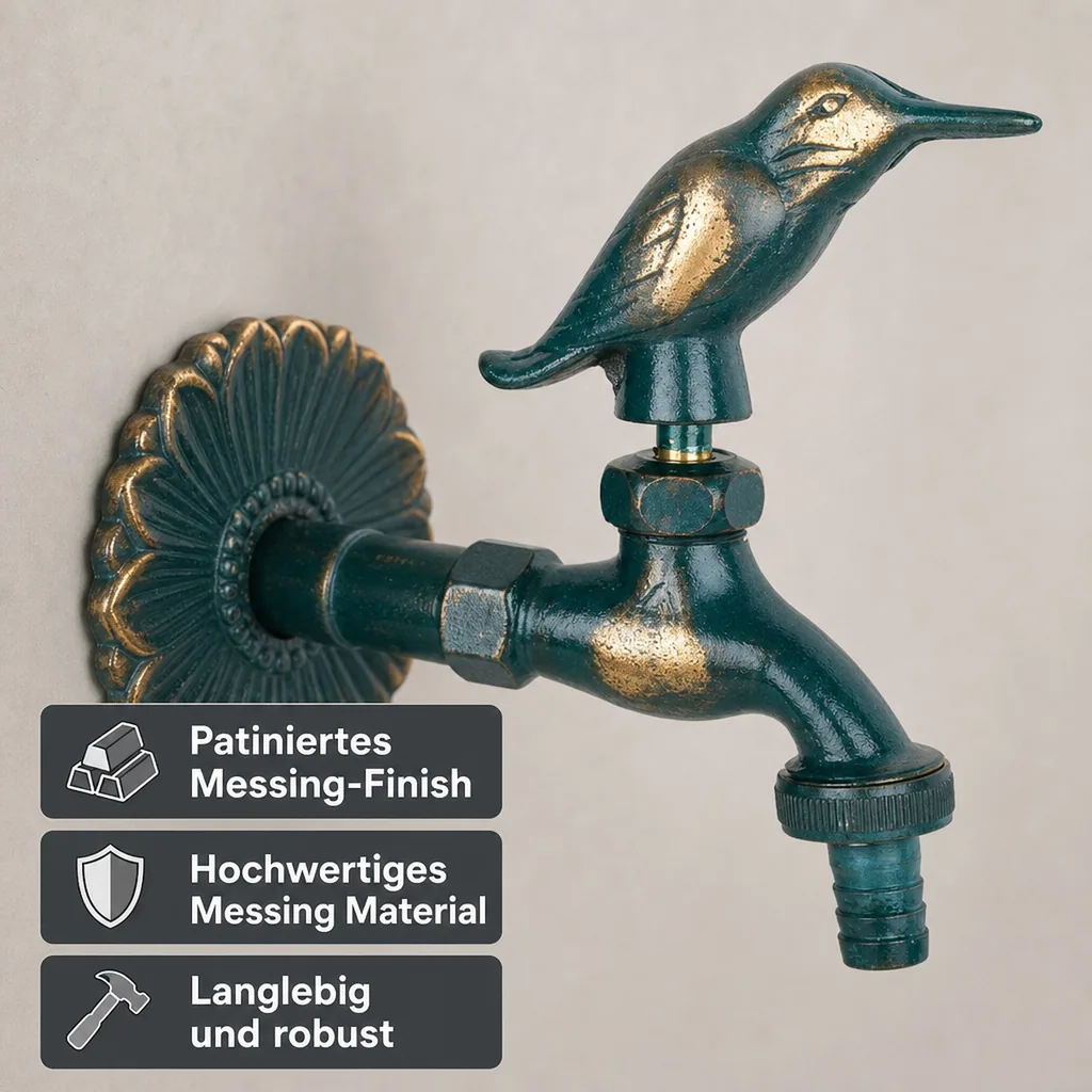 Auslaufventil Garten, Gartenauslaufventil, Nostalgie Auslaufventil, Vogel, patiniert