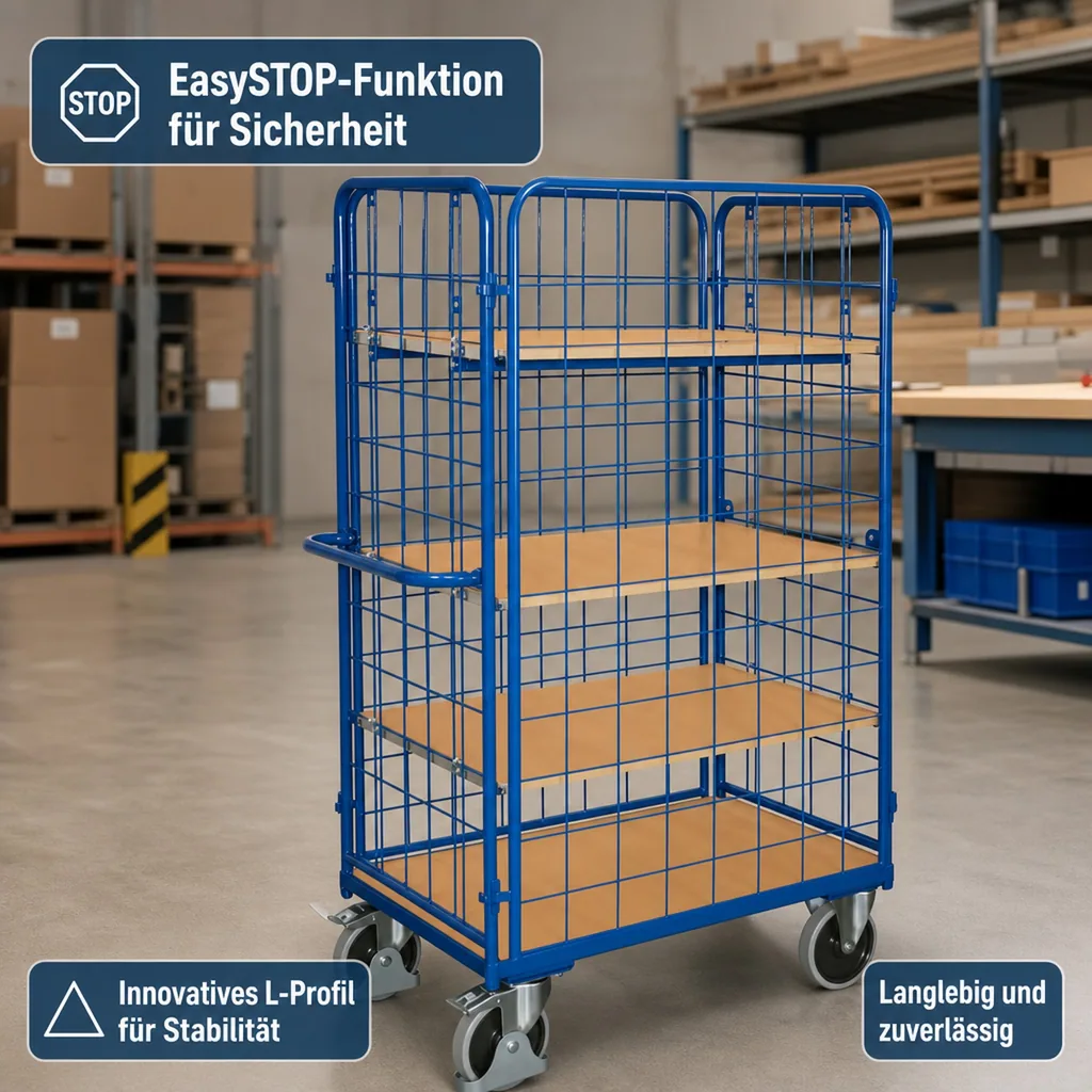 Vierwandwagen hoch mit 3 Böden, EasySTOP, 500 kg Traglast