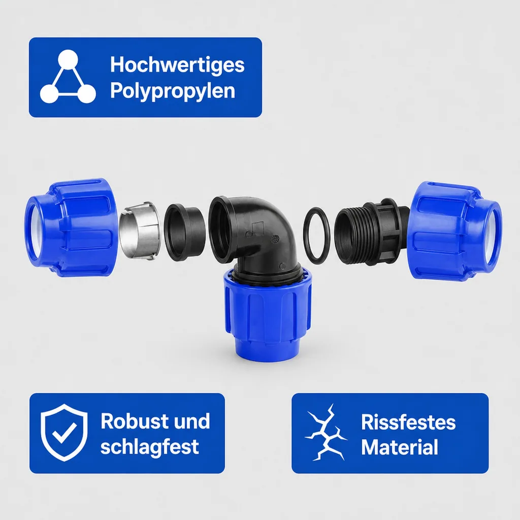 PE Rohr Verschraubung, 32mm Winkel 90°, Klemmfitting, Trinkwasser