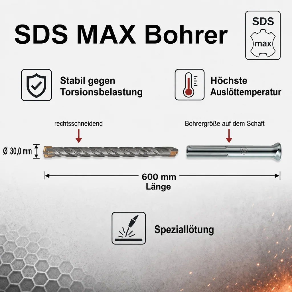 Hammerbohrer für SDS-MAX 4-Schneider Ø 30,0mm x 600mm Länge