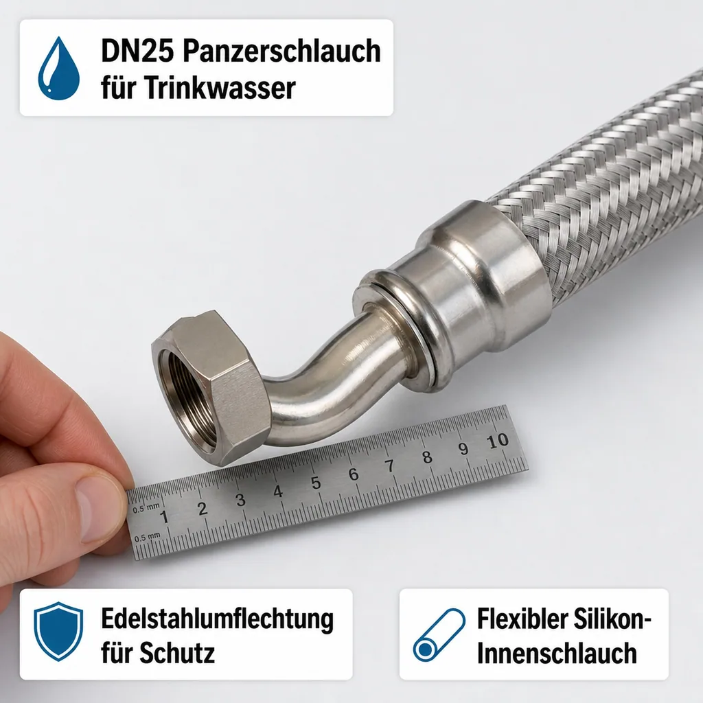 Panzerschlauch DN25, Flexschlauch 1 Zoll, DVGW, Edelstahlumflechtung, 800mm