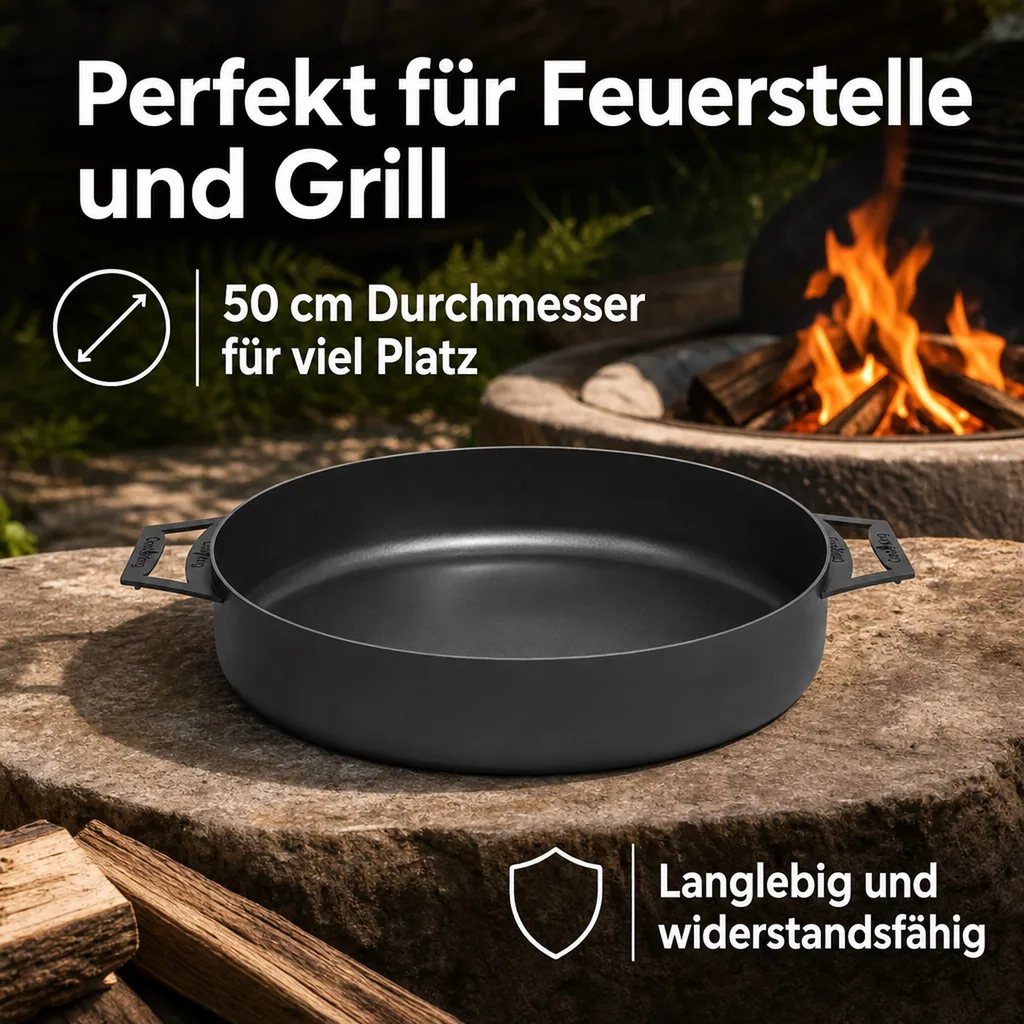Pfanne 50 cm, Grillpfanne Stahl, Feuerstelle Pfanne mit 2 Griffen