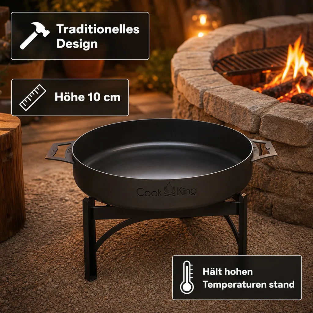 Pfanne 50 cm, Grillpfanne Stahl, Feuerstelle Pfanne mit 2 Griffen