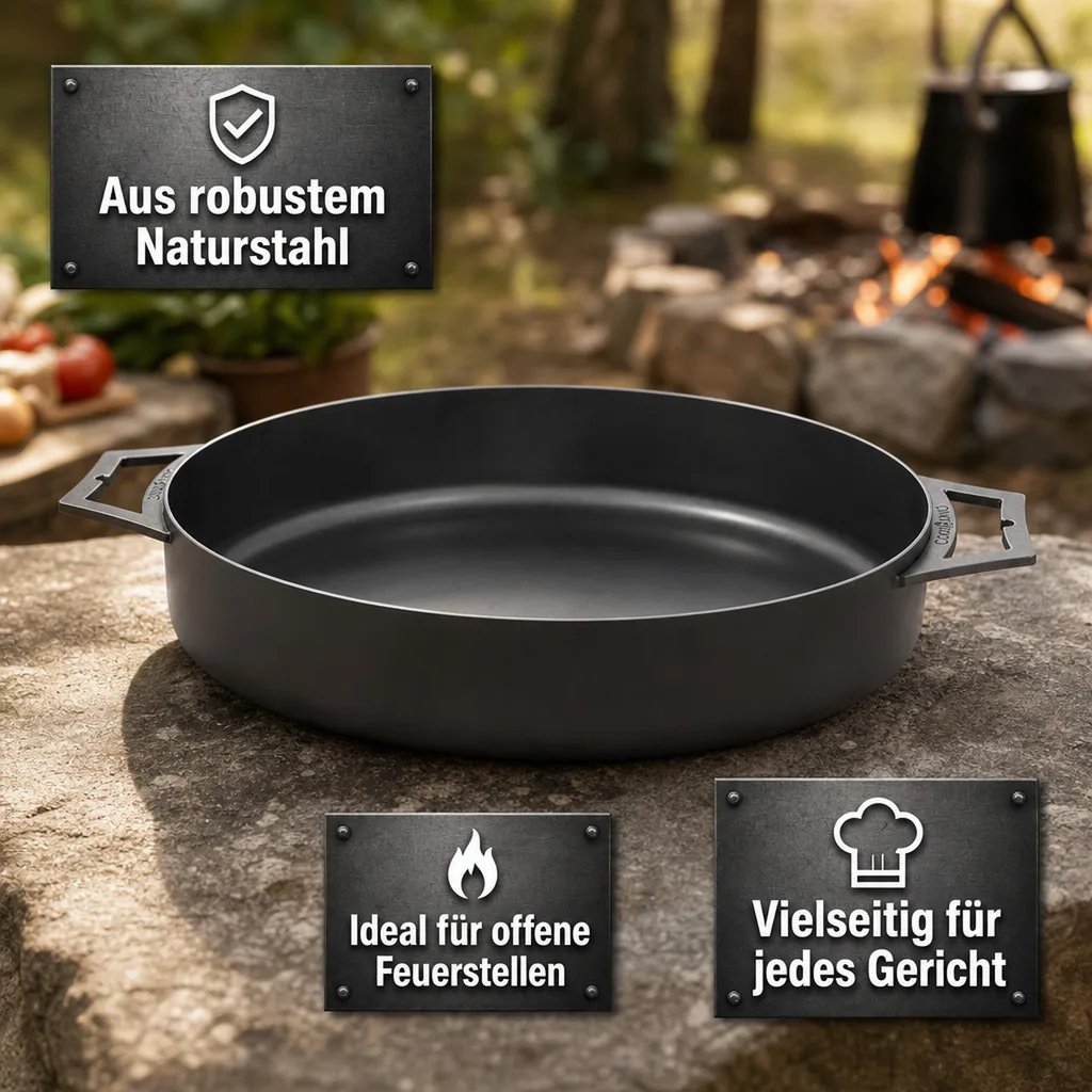 Pfanne 50 cm, Grillpfanne Stahl, Feuerstelle Pfanne mit 2 Griffen