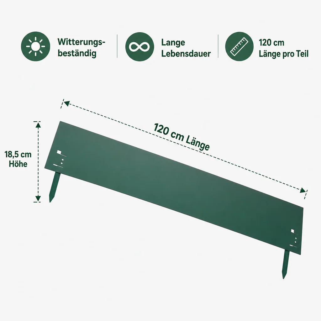Rasenkanten Metall 18.5 cm x 120 cm | Beeteinfassung | Beetumrandung | Beetbegrenzungen, Color-GS: grün
