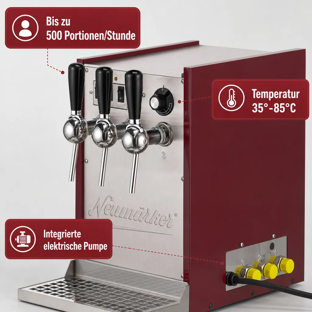 Glühweinzapfanlage, Getränke durchlauferhitzer - Heiße Spitze®, 3 Zapfhähne, 100L/h, 35°- 85°C, mit Pumpe