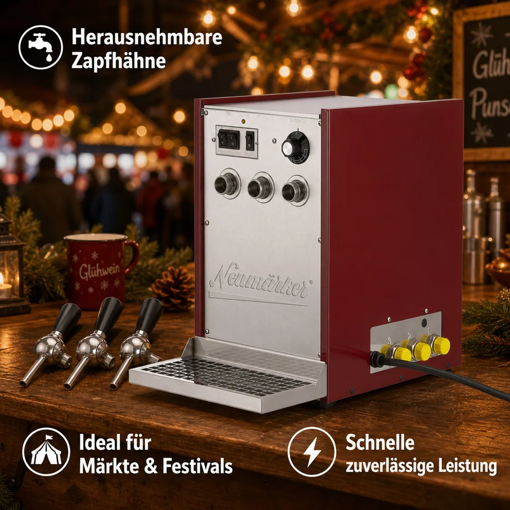 Glühweinzapfanlage, Getränke durchlauferhitzer - Heiße Spitze®, 3 Zapfhähne, 100L/h, 35°- 85°C, mit Pumpe