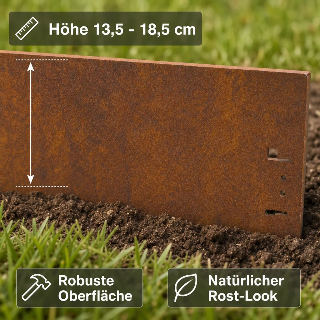 Rasenkante Cortenstahl 120 cm lang, 13,5 - 18,5 cm hoch, Beeteinfassung, Beetumrandung - Metall feuerverzinkt, Breite: 13.5 cm