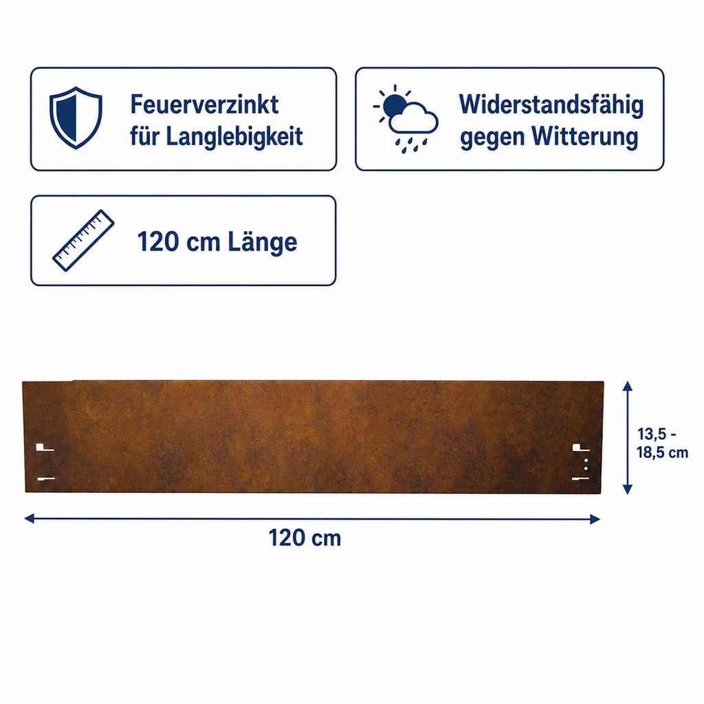 Rasenkante Cortenstahl 120 cm lang, 13,5 - 18,5 cm hoch, Beeteinfassung, Beetumrandung - Metall feuerverzinkt, Breite: 13.5 cm