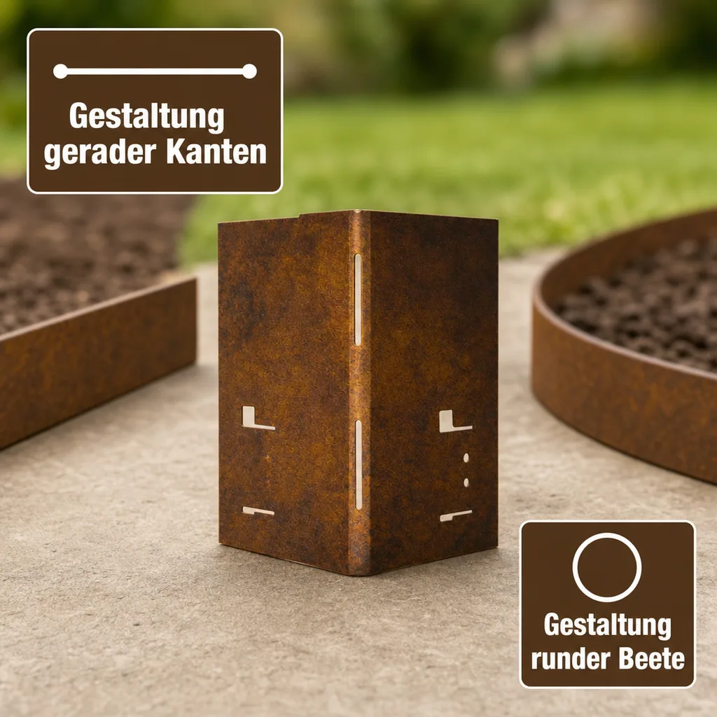 Ecke für Rasenkante Cortenstahl, Beeteinfassung, Beetumrandung, 8 x 8 x 13,5 cm