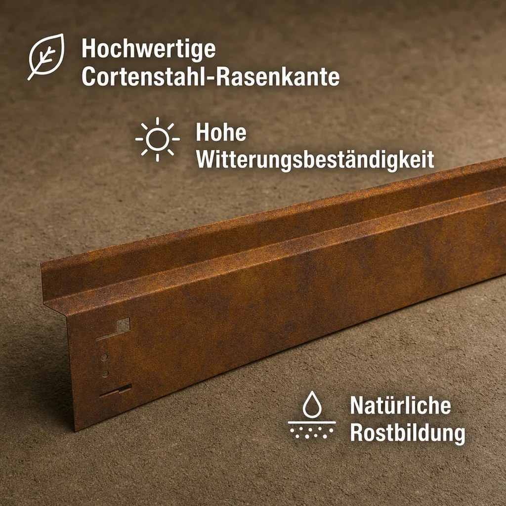 Rasenkante mit Radlauf Cortenstahl, Mahkante, Rasenmähkante - Abschlussstück, 1130 x 40 x 0,9 mm