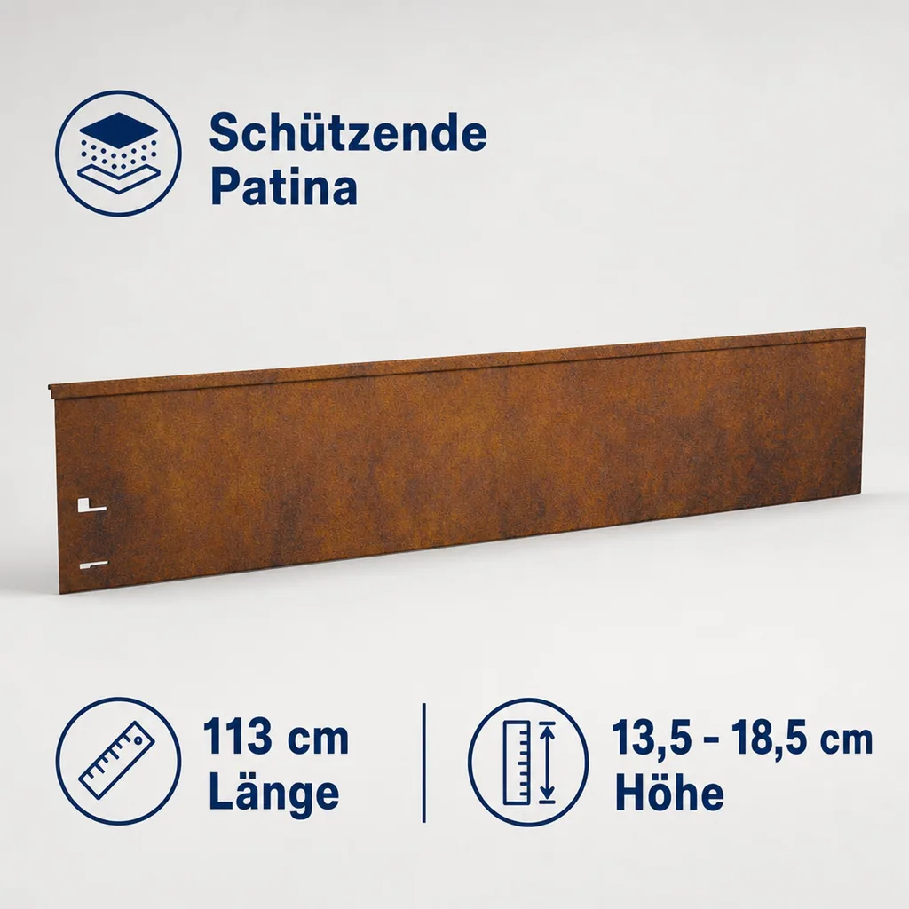 Rasenkante Cortenstahl 113 cm lang, 13,5 - 18,5 cm hoch, Mahkante, Rasenmähkante - Abschlussstück, Breite: 13.5 cm