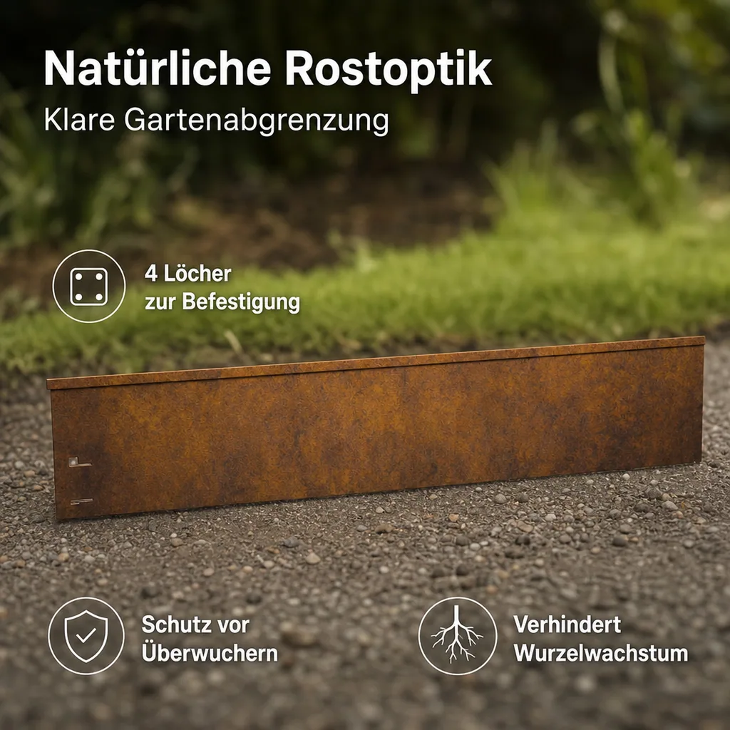 Rasenkante Cortenstahl 113 cm lang, 13,5 - 18,5 cm hoch, Mahkante, Rasenmähkante - Abschlussstück, Breite: 13.5 cm