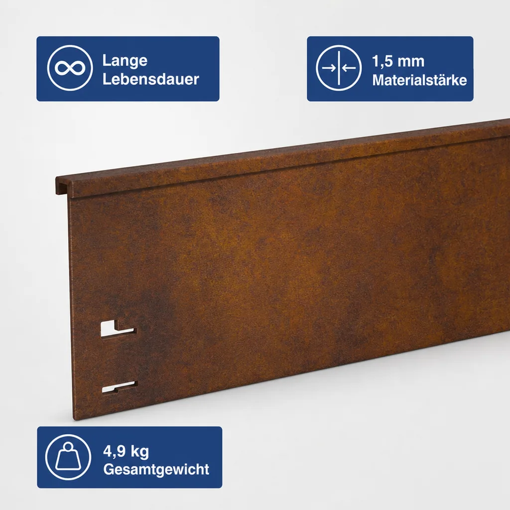 Rasenkante Cortenstahl 113 cm lang, 13,5 - 18,5 cm hoch, Mahkante, Rasenmähkante - Abschlussstück, Breite: 13.5 cm