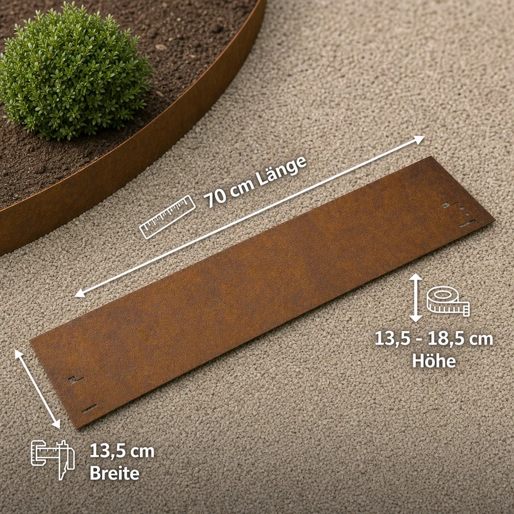 Rasenkante Cortenstahl 70 cm lang, 13,5 - 18,5 cm hoch, Beeteinfassung, Beetumrandung - Metall feuerverzinkt, Breite: 13.5 cm