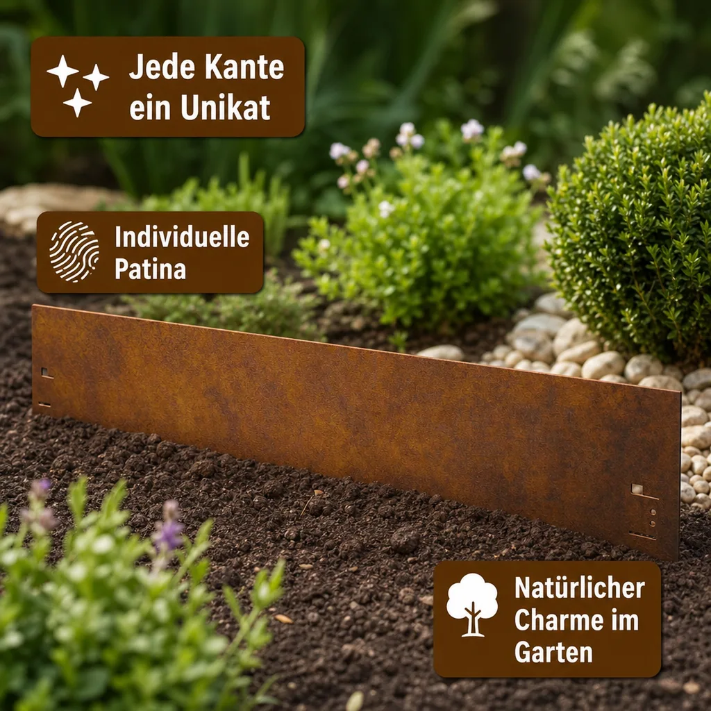 Rasenkante Cortenstahl 70 cm lang, 13,5 - 18,5 cm hoch, Beeteinfassung, Beetumrandung - Metall feuerverzinkt, Breite: 13.5 cm
