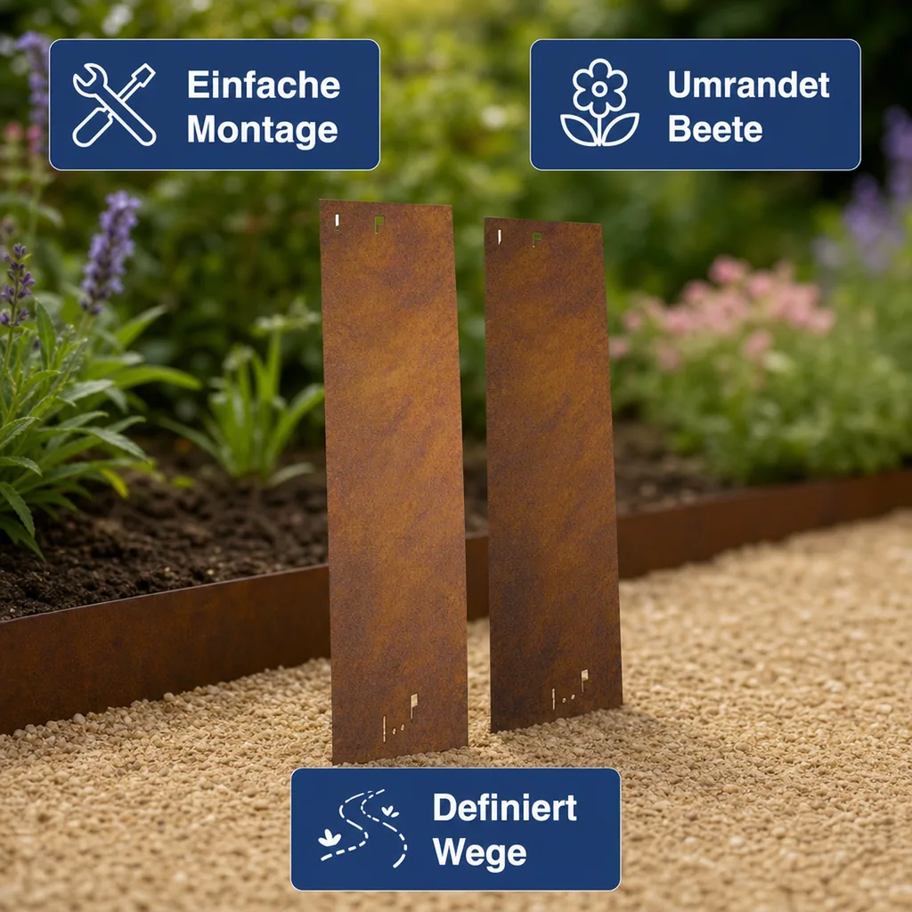 Rasenkante Cortenstahl 70 cm lang, 13,5 - 18,5 cm hoch, Beeteinfassung, Beetumrandung - Metall feuerverzinkt, Breite: 13.5 cm