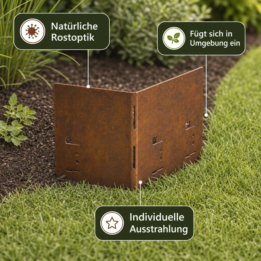 Ecke für Rasenkante Cortenstahl, Beeteinfassung, Beetumrandung, 8 x 8 x 18,5 cm