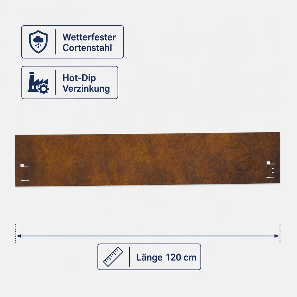 Rasenkante Cortenstahl 120 cm lang, 13,5 - 18,5 cm hoch, Beeteinfassung, Beetumrandung - Metall feuerverzinkt, Breite: 18.5 cm