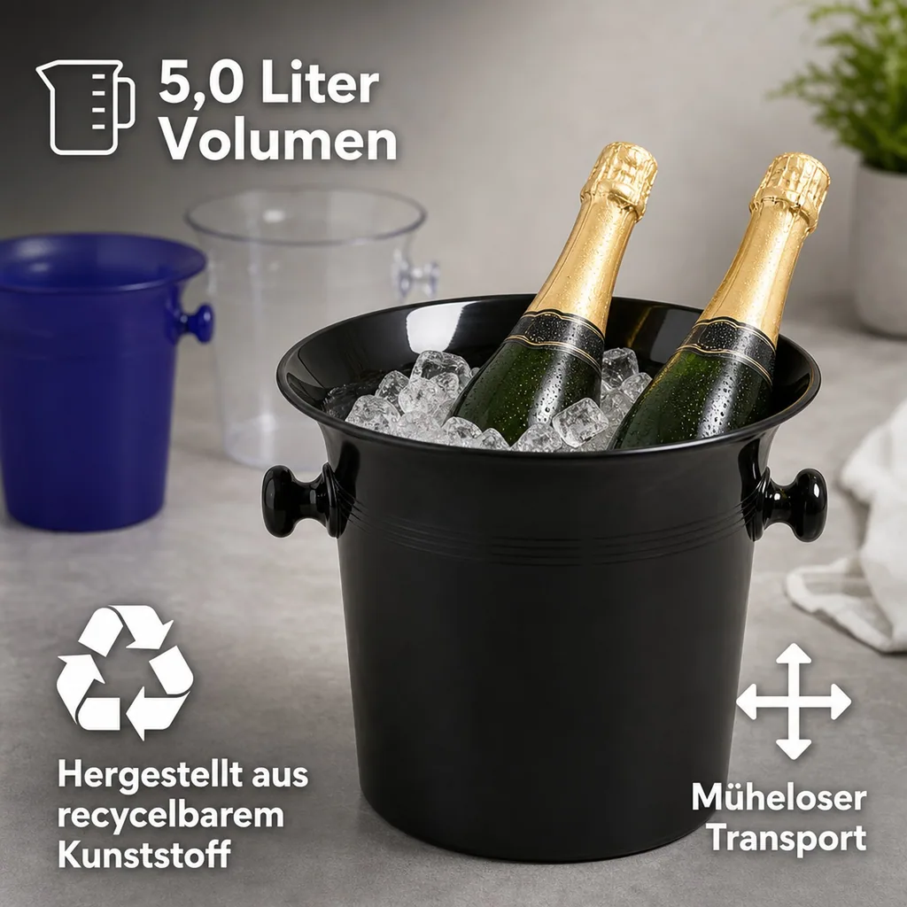 Flaschenkühler, Getränkekühler, Sekt-/Champagnerkübel, 5,0 L - Kunststoff - Elegant & Praktisch - 3 Farben, Farbe: schwarz