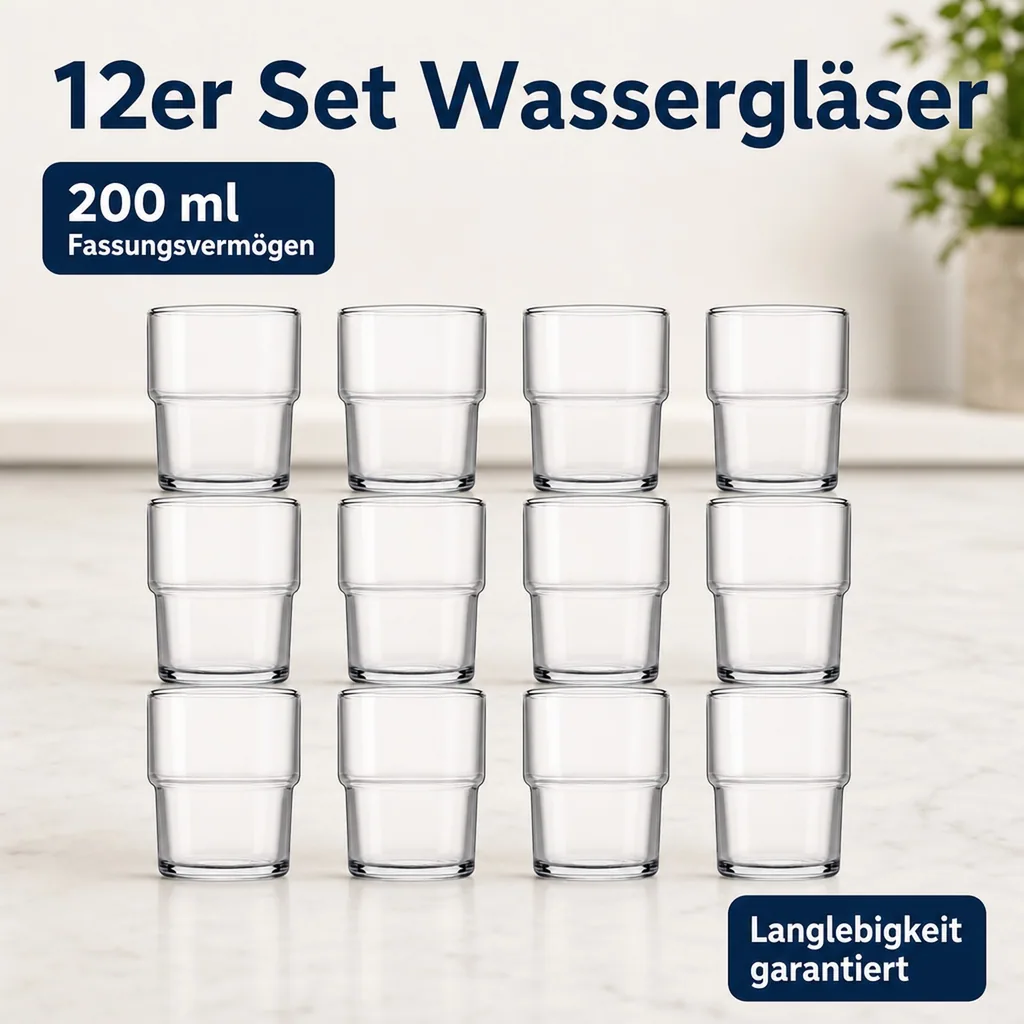 Wassergläser, Trinkgläser 12er Set - Hill, 200ml
