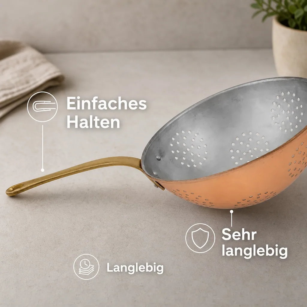 Sieb, Kupfersieb - mit verzinnter Innenseite enthält einen Messinggriff, Durchmesser: 24 cm