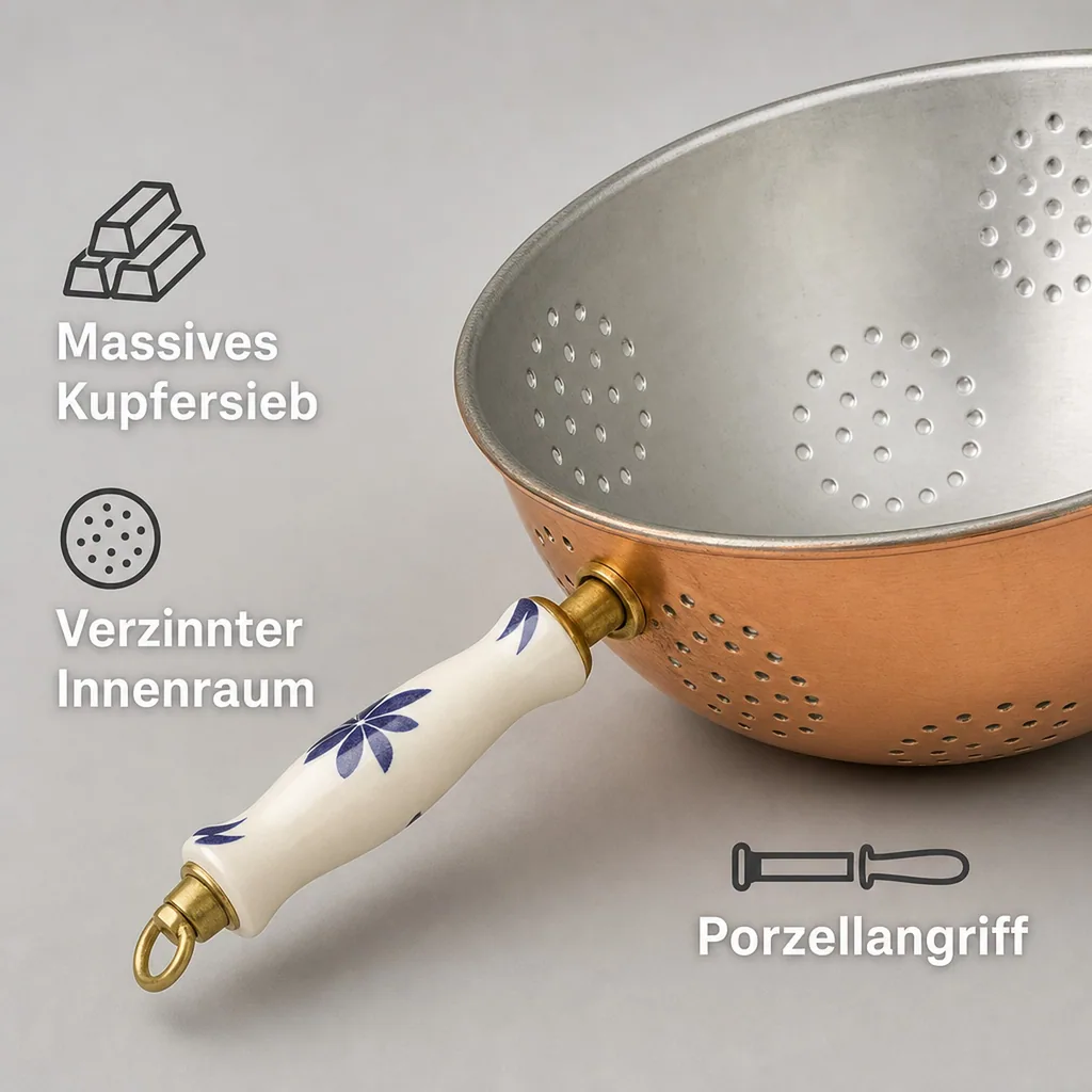Sieb, Kupfersieb - mit verzinnter Innenseite enthält einen Porzellangriff, Durchmesser: 17 cm