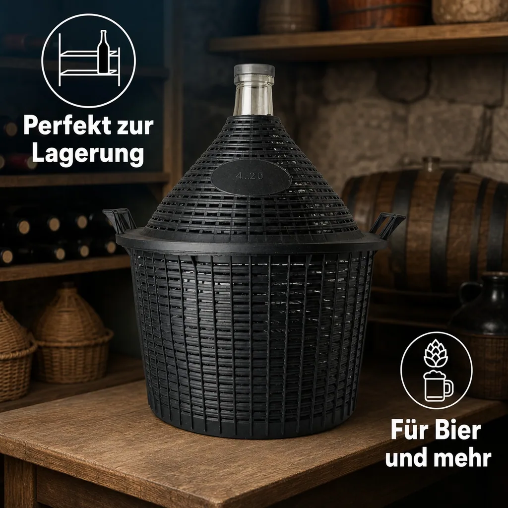 Glasballon, Weinballon, Gärballon 20L - normale Öffnung mit Korb + Kunststoffstopfen