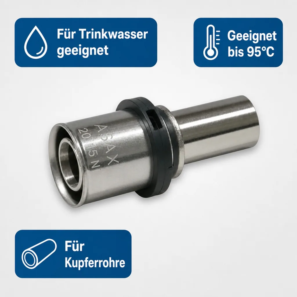 Pressfitting, Rohrverbinder, Kupferrohr, 20 x 15 mm, vernickelt